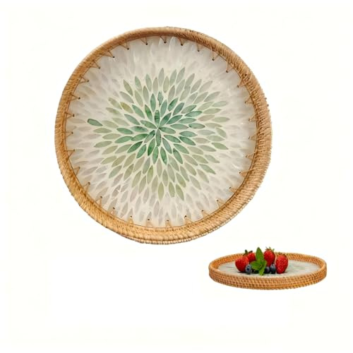 Tissting Bandeja Redonda de Ratán con Incrustaciones de Nácar, Tejido a Mano, de Nácar, de Ratán, Bandeja Decorativa con Base de Madera, para Desayuno, Bebidas, Aperitivos, Postres, Frutas (verde) | Mesa de centro y cocina | Multiusos para frutas, pan y aperitivos | Tejido natural (verde)