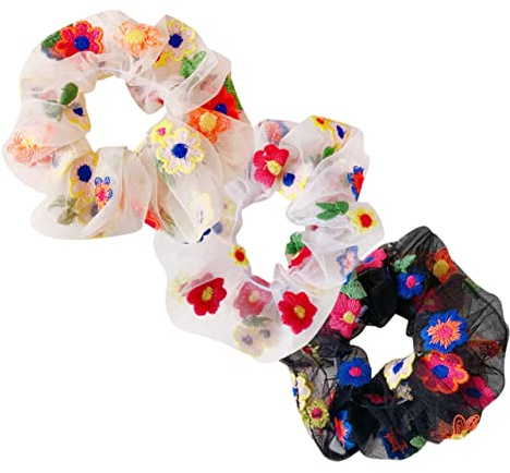 NOLITOY Lot de 3 Élastiques Cheveux en Mousseline Fleurs, Grosse Taille, Décoration Capillaire, Accessoires pour Femmes et Filles, Usage Quotidien, Couleurs Noir Jaune Blanc