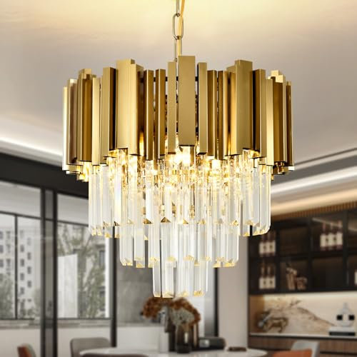 AOOCHOK Modern Crystal Chandelier Gold Pendant Light Fixtures, Small Crystal Pendant Lighting for Entryway, Corridor, Balcony, Porch, Restaurant, Door Opening, E27 x 3, Φ40cm