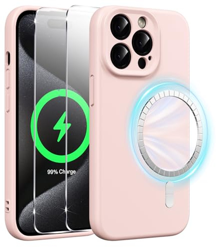 Xiltlly Cover Magnetica Silicone Liquido per iPhone 15 Pro Max 6,7 Pollici con 2 Vetro Temperato, Compatible con MagSafe Magneti Integrati, Custodia Antiurto AntiGraffio per iPhone 15 Pro Max, Rosa
