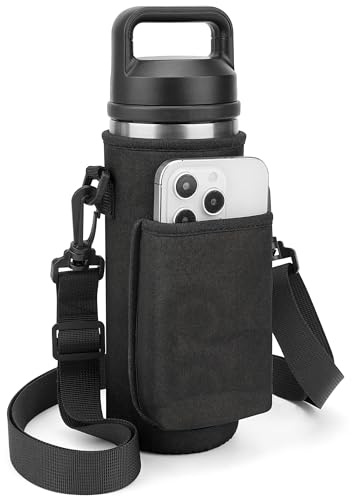Linkidea Porte-Bouteille avec Sangle Compatible avec Les Bouteilles Yeti Rambler 18 oz et Yonder 600 ml/20 oz, Porte-Bouteille Isotherme, bandoulière avec Poche pour téléphone (Noir)