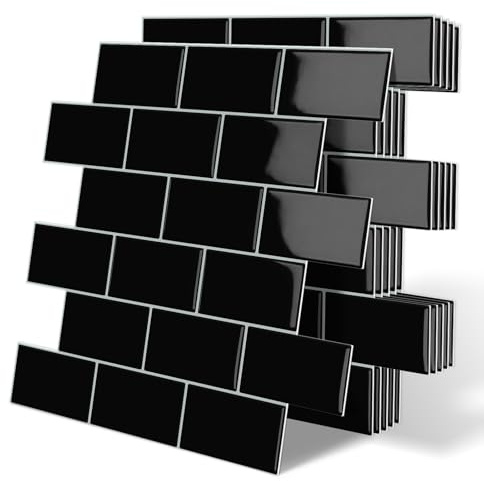 Tiwoos Klebefliesen Küche Wandfliesen Selbstklebende Fliesen Schwarz | Dick,Metro,Subway,Vinyl,Bad,Wand,Küchenwand,30,5 x 30,5cm,(10-Stück)