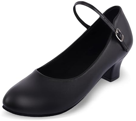 Asyusyu Black Character Shoes Women 1.55 Heel Suede Sole Ankle Strap Dance Shoes- 6 UK