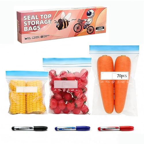 PHMING 70 Pezzi Sacchetti Alimenti Richiudibili di 3 Misure Diverse | Sacchetti Freezer Riutilizzabili, in Silicone Senza BPA per Frutta, Verdura, Sandwich e Carne
