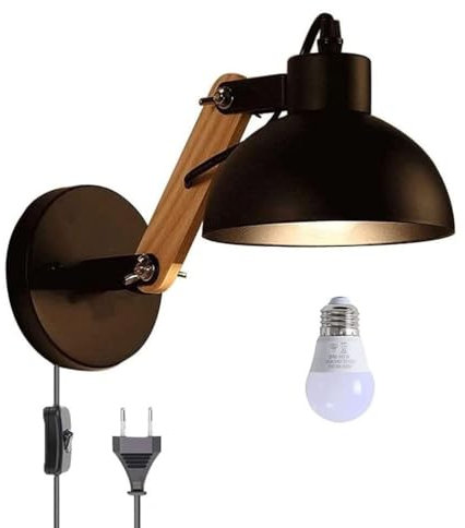 Industrielle Retro Wandleuchte Holz Verstellbar Arm Wand Leselampe mit Kabel Wandlampe Innen E27 Vintage Industrial Lampe mit Schalter Metallschirm Schlafzimmer Nachttischlampe mit Stecker,Schwarz