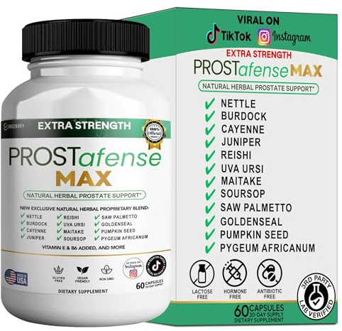 Prostafense Max Prostate Support Supplement - Natural Herbal Blend with Saw Palmetto Pumpkin Seed Pygeum Uva Ursi - Gluten Free Vegan Non-GMO - 60 Capsules (1)
