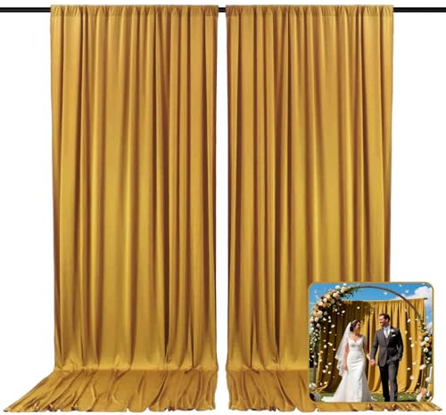 Lot de 2 rideaux de fond dorés de 3 x 2,1 m pour fêtes, mariages, fêtes prénatales, enterrement de vie de jeune fille, fête d'anniversaire de Noël, séance photo, décoration