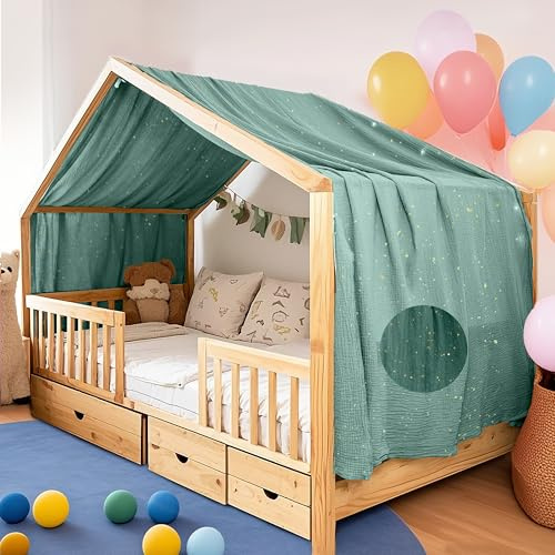 FloraVigo Home Bettbezug mit Goldener Applikation, handgefertigt aus 100% Baumwoll-Musselin, Stoffhimmel für die Hausbett-Dekoration, geeignet für Mädchen und Jungen (Eukalyptus, 132 x 320 cm)