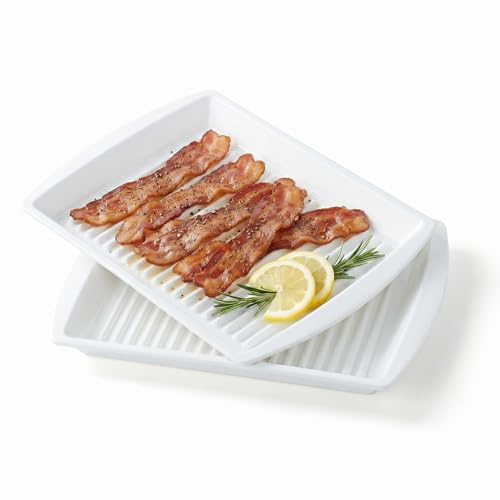 Dizada Microwave Bacon Tray 13x10 Set of 2 - Porcelain Bacon Cooker for Microwave, Ceramic Bacon Rack for Sausages, Hot Dogs, Dishwasher Freezer Safe