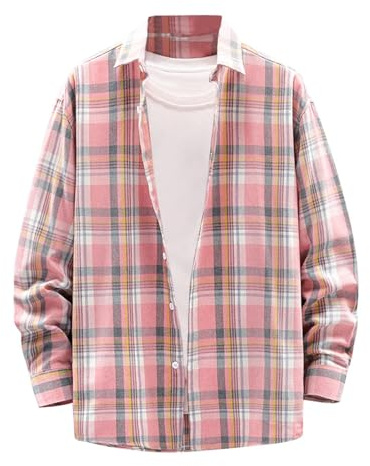 UHouse Chemise Flanelle Homme Chemisette a Carreaux Manches Longues Casaul Vetement Bouton de Manchette Délavé Haut Décontracté Habit Leger Grande Taille vêtement 03 Rose 4XL