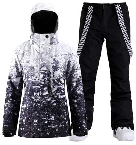 GSOU SNOW Damen Skianzug 2-teilig Skijacke und Skihose Set für Wintersport | 15k Wasserdicht & 10k Atmungsaktiv, Farbenfrohes Druckdesign, Abnehmbare-Verstellbare Kapuze, Schneefang FüR Skifahren