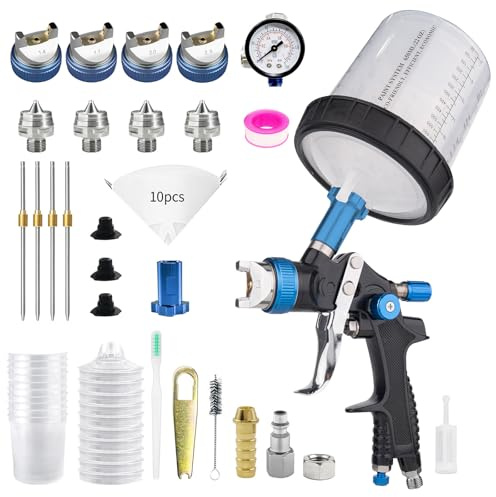 HVLP Spray Gun with 10Pcs 650ML Disposable Paint Cups, 4 Nozzles 1.4/1.7/2.0/2.5mm, Automotive Gravity Feed Spray Paint Gun Kit with Air Compressor Regulator for Auto Refinishing Home Wall Finishing