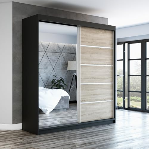 A&J MöbelLand Schwebetürenschrank GAPI Kleiderschrank 2-türig mit Spiegel, Garderobe 180 cm (Schwarz/Sonoma/Sonoma)