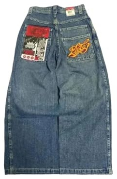 Unisex Y2K Hip-Hop-Stil Jeans Gothic Streetwear 2025 Hoch taillierte, lockere, zerrissene, Bedruckte, bestickte Jeans(Color15,Small)