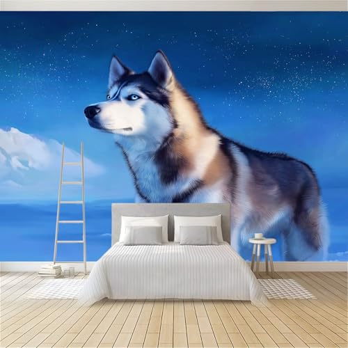Papel Pintado Tejido No Tejido 200 x 140 cm (An x Al), Azul Fotomurales - Fantasía Animal Husky Montañas Decoración de Pared con Murales Decorativos