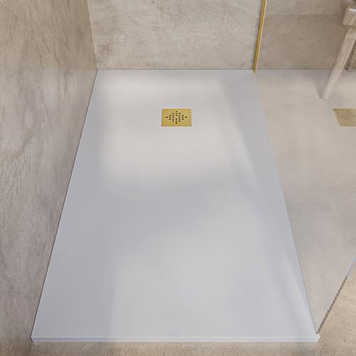 SoulHome Plato de Ducha Resina 200x90 Blanco Roto - Rejilla Dorada | Antideslizante C3, Extraplano, Resina y carga mineral, Textura Liso Piedra, Antibacteriano, Gel-coat, Incluye válvula desagüe