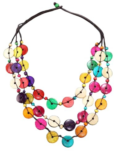 MOBUTOFU Handgefertigte Boho Damen Halskette Mehrreihig aus Bunten Kokosnuss schalen und Holzperlen Statement Chunky Necklace Langlebiger Modeschmuck für Sommer Festival und Alltag