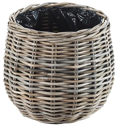 Kobolo Pflanzkorb Fiora | runder Rattankorb mit Folieinsatz | H: 33 cm Ø 37 cm | grau | handgeflochtener Übertopf aus Naturmaterial | dekorativer Pflanzkorb für Blumen, Kräuter & Gartendeko