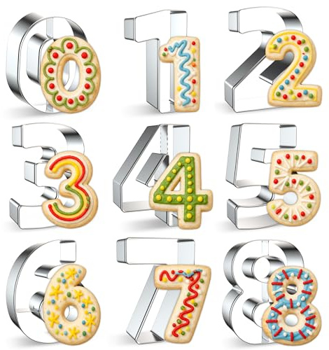 GeekLeaf 9 Stück Zahlen Ausstecher Set, Edelstahl Keksausstecher Zahlen 0-8, Plätzchen Ausstechformen für Kekse, Fondant, Teig, Geburtstag, Party, Backen und Dekorieren, (ca. 10,2 cm / 4 Zoll)