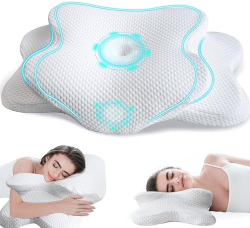EvenVentric Almohada cervical – Almohada ergonómica para el dolor de cuello, para los lados, la espalda y el estómago, almohada de espuma viscoelástica con refrigeración extraíble (blanco)