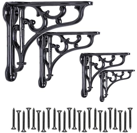 EDUWURXS Industrial Ornate Shelf Brackets 3.5x4in Black, 4 Pack | Heavy-duty ornate cast iron shelf brackets with a black finish for wall-mounted wooden shelving.