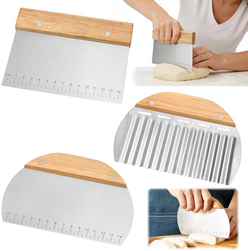 Pack of 3 Dough Scrapers, Stainless Steel, Dough Cutter with Measuring Scale and Non-Slip Wooden Handle, Dough Card, Spatula Kitchen for Portioning, Cutting for Pizza, Bread, Cake, Baking Utensils