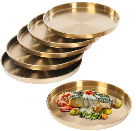 QUIOTUIR – Juego de 6 bandejas redondas doradas de acero inoxidable, diámetro de 30 cm, decoración redonda, bandeja de mesa para contener, alimentos, joyas, cosméticos, café, whisky, velas, llaves