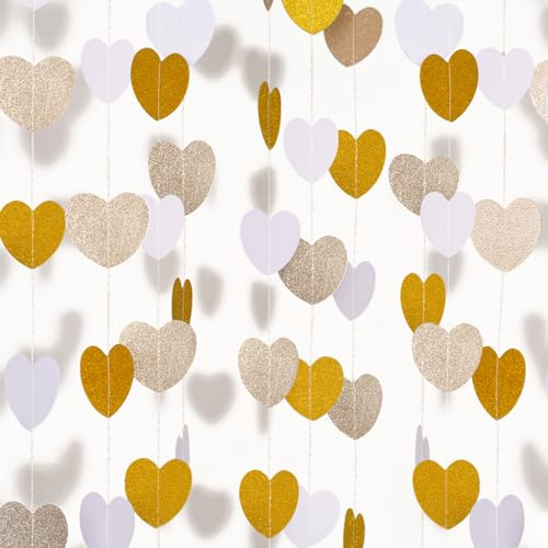 G2PLUS 16M Weiß Gold Girlande Glitzer: 4 Stücke Herz Girlande | Papiergirlande Hängende Dekoration für Hochzeit, Geburtstag, Verlobung, Weihnachten