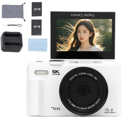 Camnoon Cámara Digital 5K con Tarjeta de Memoria de 32 GB, Cámara Viaje 75 MP, Zoom 18X, Pantalla Plegable 3 Pulgadas Incluye 2 Baterías y Estación Carga para Vlog Viajes (Blanco)