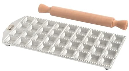Marcato Molde para Ravioli, Máquina para Ravioli, Moldes para Ravioli Caseros, Corte Cuadrado de 35 mm, Espacio para Relleno Abundante, Rodillo de Madera Incluido.