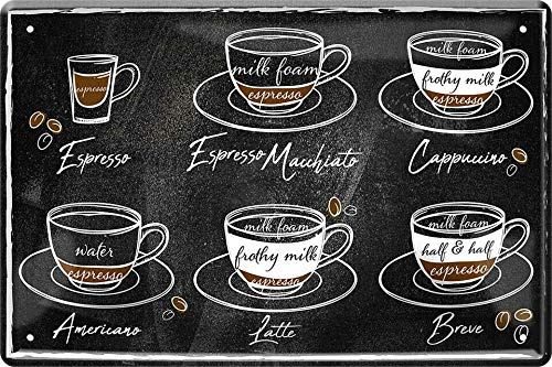 WOGEKA ART Retro Blechschild - Kaffee Sorten - Espresso Cappuccino - witziger Spruch als Geschenk-Idee zum Geburtstag Weihnachten zur Dekoration 20x30 cm Vintage-Design Metall 687