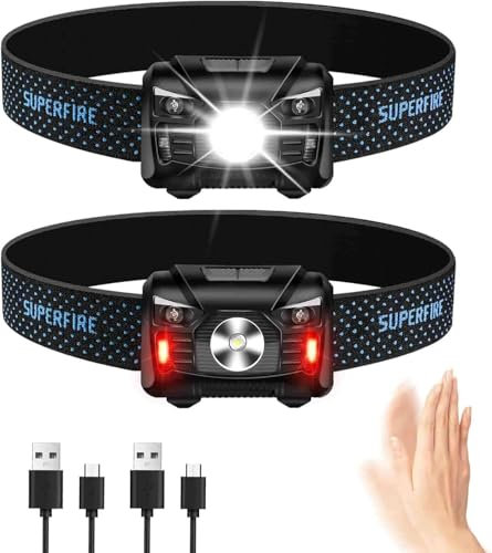 SuperFire Stirnlampe LED Wiederaufladbar,2 Stück 2000 Lumens Superhell Kopflampe Stirnlampe, 5 modi & Bewegungssensor & Rotlicht,Wasserdicht für Angeln Fishing Campen Joggen,für Kinder Erwachsene