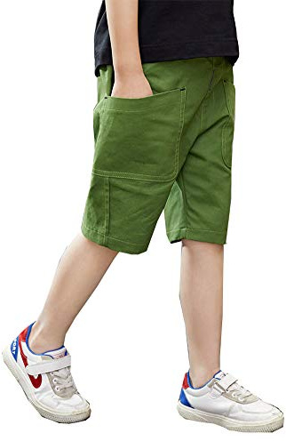 Siehin Kinder Jungen Sommer Baumwolle Kurze Hose Casual Shorts Elastischer Bund Strandshorts (Grün, 150-155)