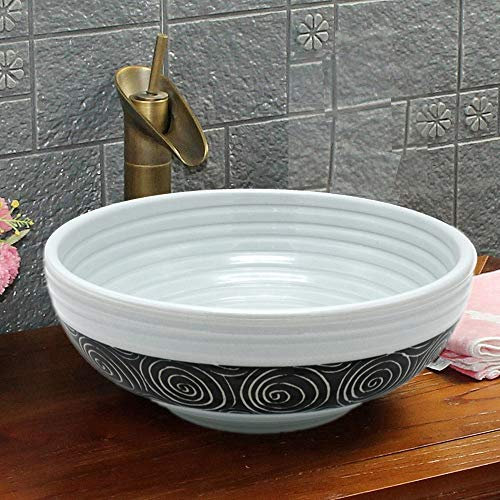 Vintage Kasbah Waschbecken mit Blumenmuster, schwarz, Wirbelmuster, Handbemalung, Badezimmer, Garderobe, rund, Keramik, Waschschüssel, Gefäß, handgefertigt, marokkanisch, 400 mm