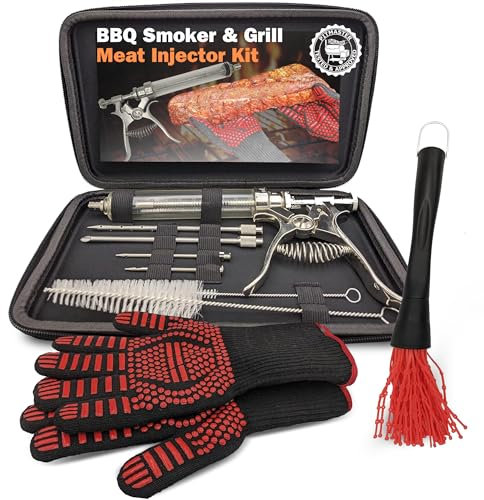 BBQ Smoker Grill Professional Meat Injector Syringe Kit for Smoking with Case, Heat Resistant Non Slip Gloves and Silicone Mop Brush for Turkey Marinade Injection