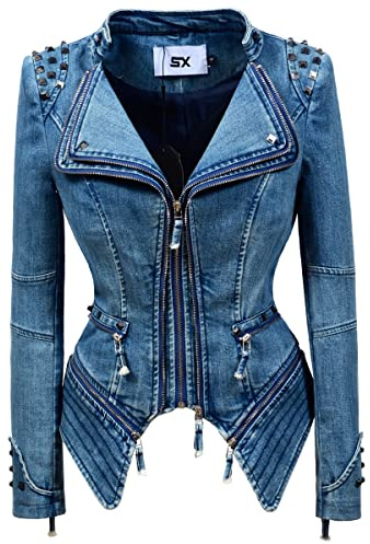 LFSS Women's classic denim jacket personalized rivet punk dovetail Motorcycle Jacket (M, Blue)