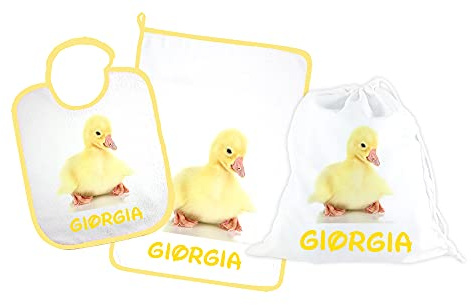 Almatex srl Juego de guardería personalizable con nombre compuesto por 3 piezas: babero de rizo con goma elástica de 27 x 30 cm, toalla de 40 x 55 cm y bolsa personalizada. Fabricado en Italia.,