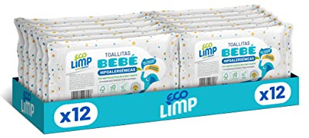 Mimidu ECOMIMIDU Toallitas húmedas hipoalergenicas para bebé 100% celulosa y dispersable en el WC, 720 toallitas, 12 paquetes (60 x 12)