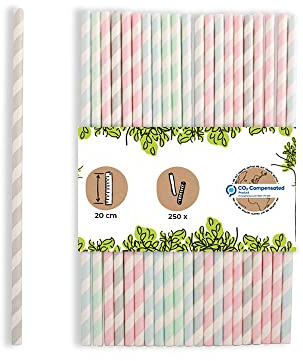 BIOZOYG Papier-Strohhalme 20 cm pastell gestreift I Ø 0,6 cm I nachhaltige Strohhalme für Feste & Gastro I biologisch abbaubar & plastikfrei I aus recycelten Materialien I 250 Stück