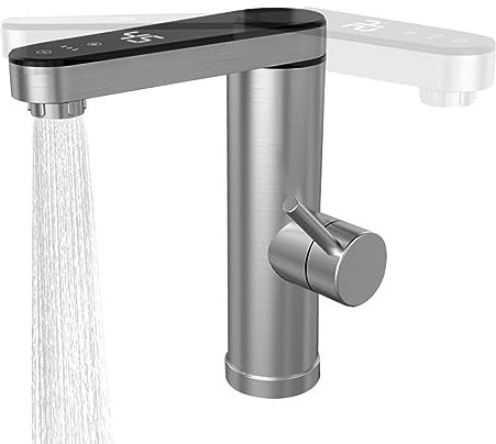 HMAKGG Elektrische Wasserhahn mit Durchlauferhitzer, Küchenarmatur 120° Drehbar, 3300W Wasserhahn Edelstahl Gebürstet Bad Einhebel-Warmwasserbereiter LED Temperaturanzeige für Küchenspüle