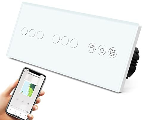 BSEED Interruptor Persiana WiFi,interruptores tactil empotrado,Inteligente Control de Porcentaje,Panel de Cristal,Control Remoto,Requiere Cable Neutro,2 * 3 Gang + Persiana,228mm Blanco