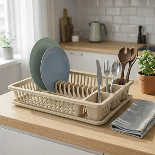 METALLIC TURTLE Beige Large Plastic Dish Drainer Rack with Cutlery Holder Kitchen Sink Draining Board for Plates Cups and Utensils Countertop Drying Rack (45.5 x 35 x 8 cm)
