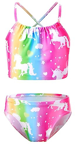 Bathing Suit for Girls 7-8 Years Old Colorful Unicorn Stripes Print Halter Two Piece Swimsuit Tankini Sets Water Sport Swimwear