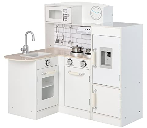 DREAMADE Cuisine d’Angle Enfants en MDF, Coin Arrondi, Évier, Cuisinière, Distributeur d'eau, Réfrigérateur, Rangements Inclus, Jeu d'Imitation pour Tout-Petits 3 Ans+, 60x65x85cm (Version de Base)