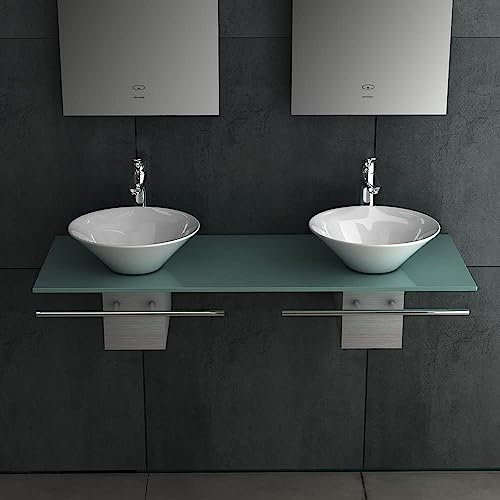 Alpenberger Aufsatzwaschbecken Doppelwaschtisch auf Milchglas Waschtischplatte & Kasten aus Edelstahl | 2 Mini Waschbecken Rund mit Keramik Versiegelung | Waschtisch Gäste WC mit Handtuchhalter
