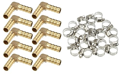X AUTOHAUX 10 Set 10mm L Shaped Barbed Brass Hose Fitting Connector with Clamps