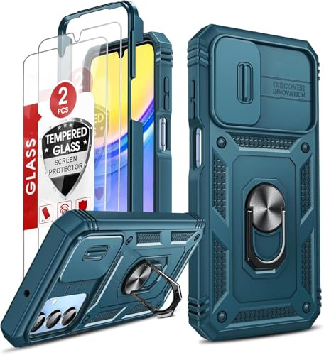LeYi Hülle für Samsung Galaxy A15 4G/5G Objektivschutz Handyhülle [2 Glasfolie Schutzglas] Hybrid Kammeraabdeckung Schutzhülle Outdoor Ringhalterung Cover Kratzfest A 15 Case Halter Handy Hüllen Blau