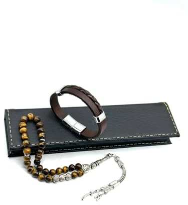 Personalisierte Gebetskette (Tesbih) mit Lederarmband als Geschenk - Bedeutungsvolles Islamisches Geschenk für Ihn, handgemacht & edle Geschenkbox