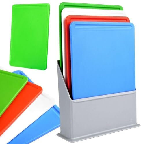 Set of 4 - Ergonomic Plastic Chopping Boards Set Multi Colour Coded Meat Fruit Small Cutting Mats Stand Each Board Has a Different Color Comfortable Comes with Stable Silver Stand
