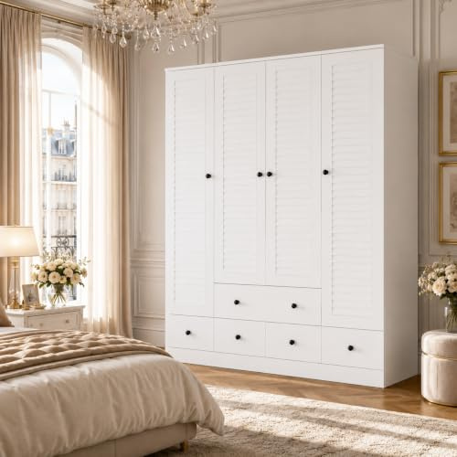 DEZAGCE Kleiderschrank mit 5 Schubladen, Garderobenschrank mit Ablagefächern, Garderobe Schrank mit Kleiderstangen, Schlafzimmerschrank, Kleiderschränke mit 4 Türen,150 x 48 x 180 cm, MDF, Weiß